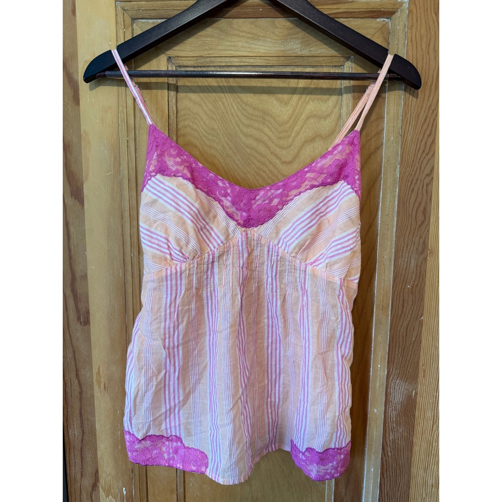 Girl Krazy Y2K Striped Lace Trim Cami Top Pink Orange Cotton Large babydoll